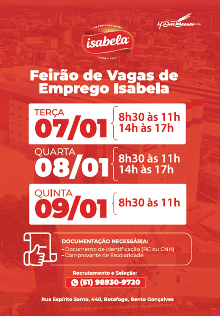 Feirão de Vagas de Emprego Isabela acontece nos próximos dias 7, 8 e 9, em Bento Gonçalves